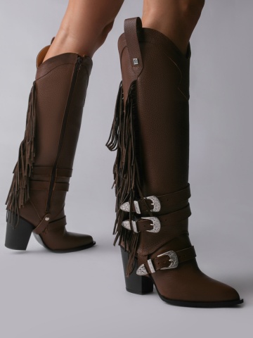 Ciocate Ruby toc inalt, piele bizonata maro cu accesorii argintii si manson cu franjuri
