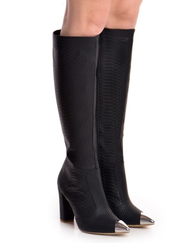 Cizme Valerie cu toc gros, piele naturala imprimeu, negre cu accesorii argintii