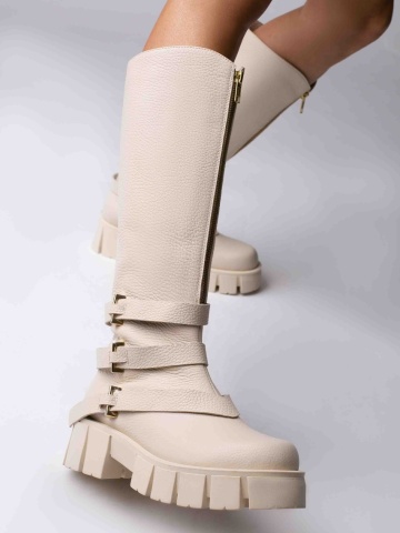 Ghete tip bocanc Elizze piele naturala bizonata crem