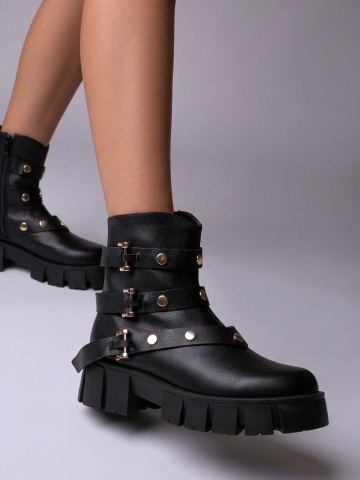 Ghete tip bocanc Maya piele naturala neagra bizonata cu accesorii aurii
