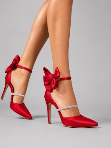Pantofi Stiletto cu toc Arabela din piele rosie cu cristale si funda