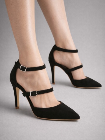 Pantofi Stiletto cu toc subtire Dora, piele naturala intoarsa, negri