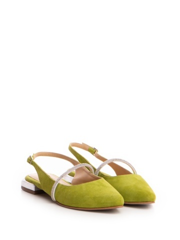 Balerini Lily piele naturala intoarsa verde si accesoriu cristale – Outlet