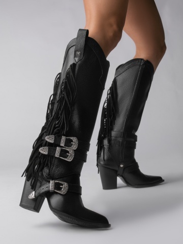 Ciocate Ruby toc inalt, piele bizonata neagra cu accesorii argintii si manson cu franjuri