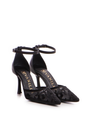 Pantofi Miralune piele naturala neagra cu toc mic evazat si dantela Chantilly