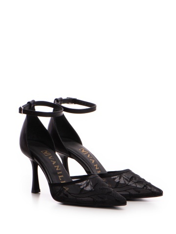 Pantofi Miralune piele naturala neagra, toc mic evazat si dantela Chantilly