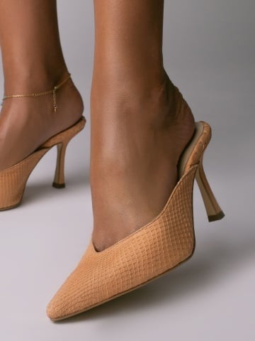 Pantofi Naomi piele naturala piton nude piersica cu toc mic evazat
