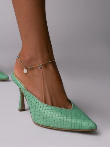 Pantofi Naomi piele naturala piton verde menta cu toc mic evazat