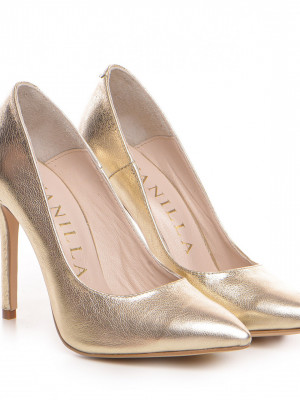 Pantofi Stiletto cu toc subtire Corina, piele naturala, aurii