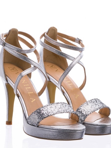 Sandale Brasilia cu toc mediu subtire piele naturala argintii cu sclipici