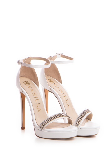 Sandale Luna cu toc subtire inalt, piele naturala, alb si cristale