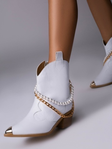 Ciocate Camilla piele naturala alba de dama cu lant auriu si perle