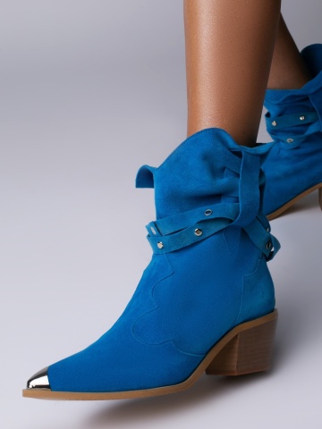 Ciocate Emira piele intoarsa albastra cu accesorii argintii si talpa bej