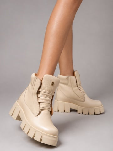 Ghete Dolly din piele cu textura bizonata culoare unt