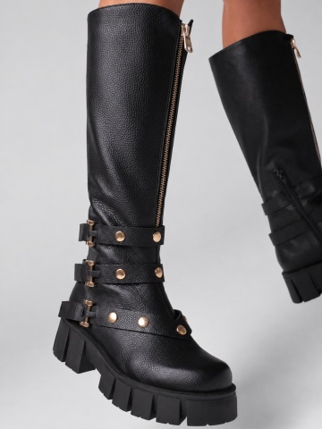 Ghete tip bocanc Elizze piele naturala neagra bizonata si accesorii aurii