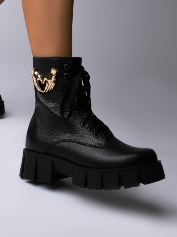 Ghete Trace - Editie Limitata - piele naturala neagra bizonata cu accesoriu auriu