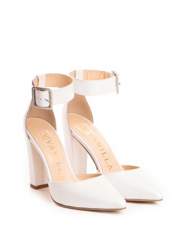 Pantofi Stiletto cu toc mic gros, piele naturala, alb sidefat cald