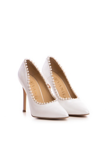 Pantofi Stiletto cu toc subtire, piele naturala, alb sidef