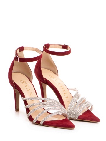 Sandale Aurora cu toc subtire, piele intoarsa naturala de culoare grena plus cristale