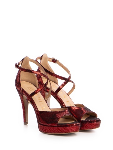 Sandale Manila cu toc mic subtire, imprimeu sarpe, rosu