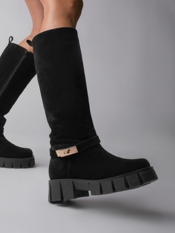 Bocanci Bonnie din piele intoarsa neagra cu fermoar si accesoriu auriu