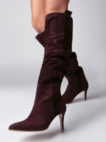Cizme Plum Dune Mirage cu toc mic, subtire, piele naturala intoarsa de mov inchis