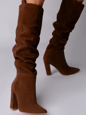 Cizme Sandy Dune Mirage cu toc inalt, gros, piele naturala intoarsa de culoare maro