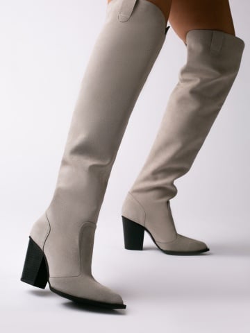 Cizme tip ciocate Avery cu toc inalt, piele intoarsa gri