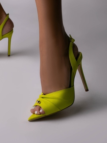 Pantofi Lina din piele naturala galben neon cu accesoriu auriu