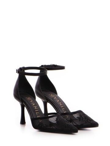 Pantofi Miralune piele naturala neagra si toc mic evazat si dantela Chantilly