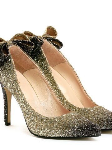 Pantofi Stiletto cu toc subtire Cleopatra, sclipici auriu si negru