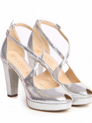 Sandale Anastasia cu toc gros, piele naturala, culoare argintii
