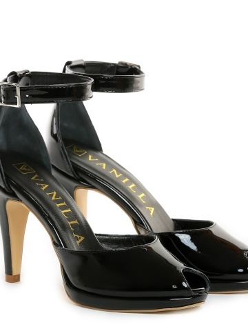 Sandale Beijing cu toc mic subtire, piele lacuita neagra