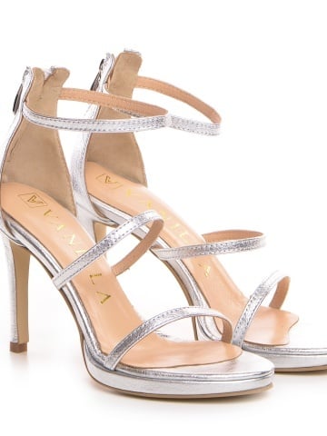 Sandale Belarus cu toc mic subtire, piele naturala, argintii