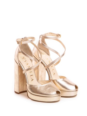 Sandale Fabiana cu toc gros, piele naturala, auriu