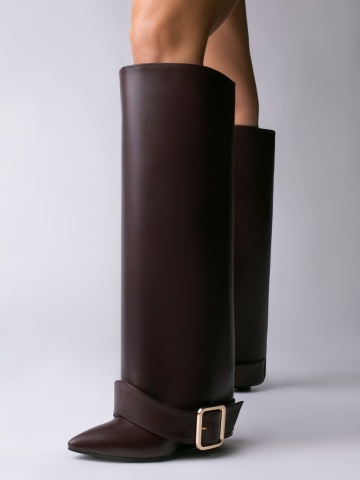 Cizme Morrigan Belle cu toc pana, piele naturala, visiniu inchis si accesoriu curea