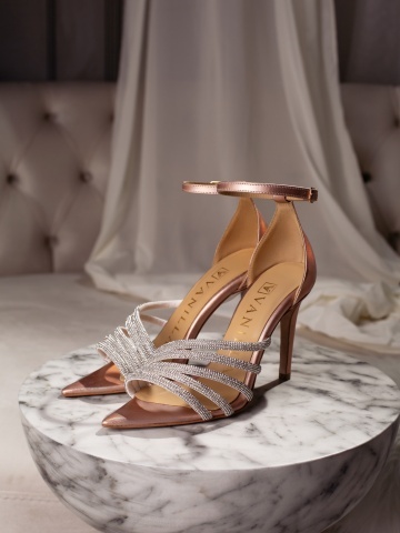 Sandale Aurora cu toc subtire, piele naturala de culoare rose plus cristale