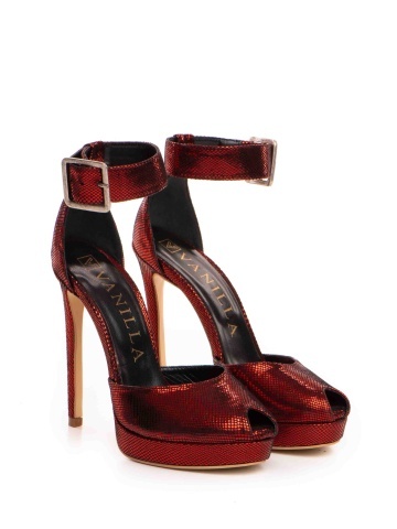 Sandale Baku cu toc subtire, imprimeu reptila, bordo