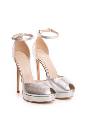 Sandale Beijing cu toc inalt subtire, piele naturala, argintii