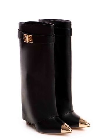 Cizme Morrigan cu toc pana, piele naturala, negre cu accesorii aurii