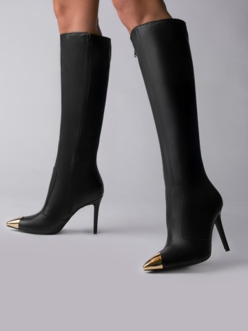 Cizme Valerie cu toc subtire, piele naturala, negre cu accesorii aurii