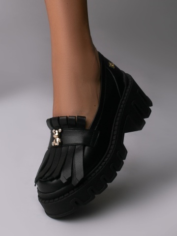 Pantofi Astrid din piele naturala neagra cu accesoriu ursuleti aurii
