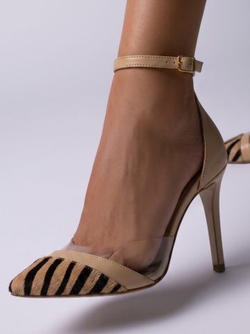 Pantofi Edith culoare bej din piele de ponei cu toc subtire