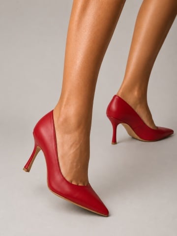 Pantofi Liora piele naturala rosie cu toc mic evazat