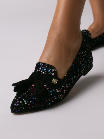 Pantofi Sabine din piele naturala intoarsa negru multicolor