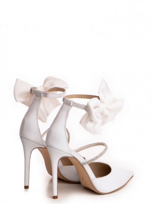 Pantofi Stiletto cu toc Arabela piele naturala, alb cu cristale si funda cristodoru