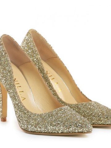 Pantofi Stiletto cu toc subtire Corina, sclipici auriu