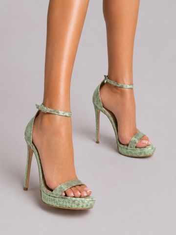 Sandale Viena cu toc subtire, piele sarpe, verde metalizat