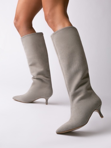 Cizme Allure cu toc kitten, piele intoarsa de culoare gri