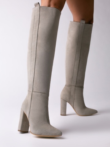 Cizme Sandy Dune Mirage cu toc inalt, gros, piele naturala intoarsa de culoare gri deschis